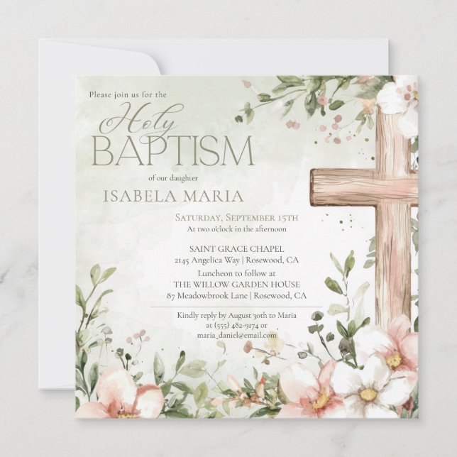 Watercolor blush pink flowers wooden cross baptism invitation (Front)