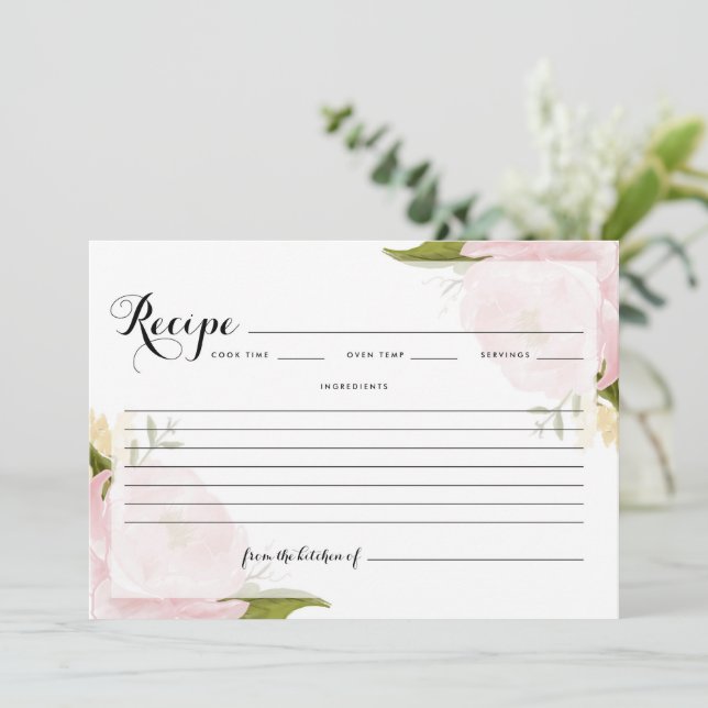 Watercolor Blush Pink Garden Roses Recipe Card (Standing Front)