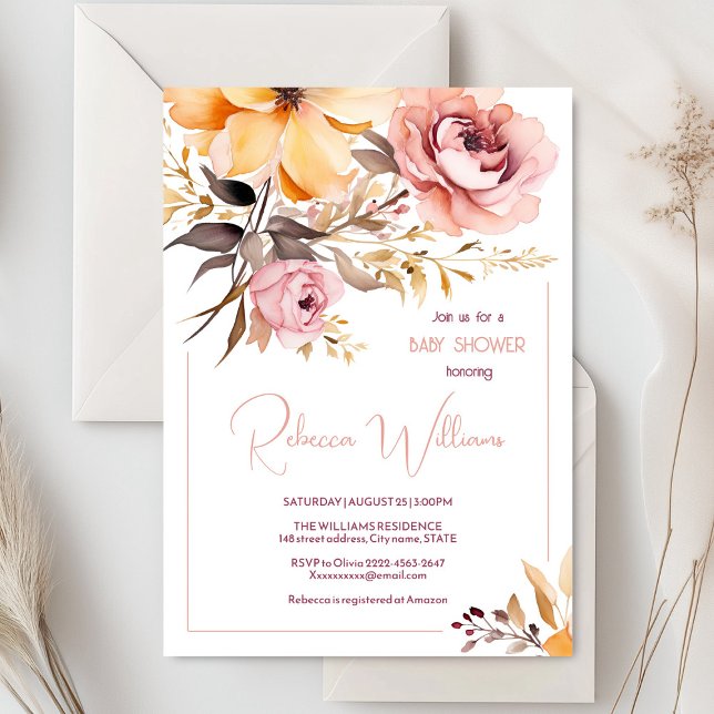 Watercolor blush pink girl baby shower invitation  (Dusty pink peonies watercolor baby shower invitation)