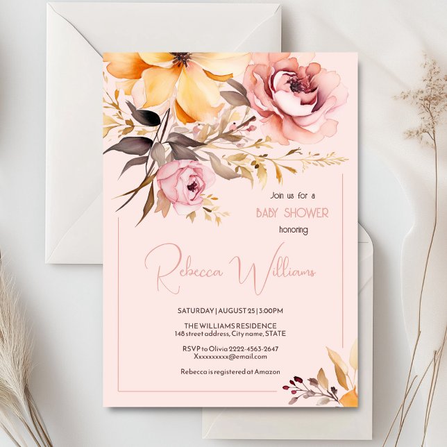 Watercolor blush pink girl baby shower invitation  (Blush pink and peach peonies watercolor girl baby shower invitation )