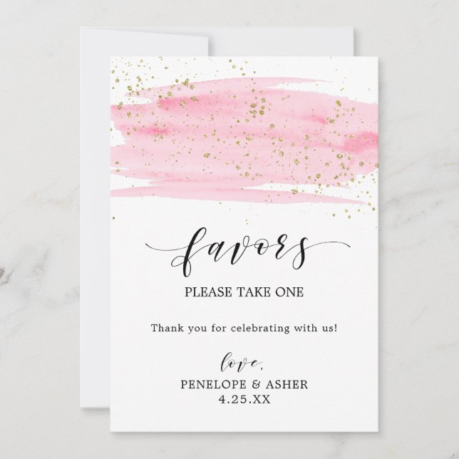 Watercolor Blush Pink & Gold Sparkles Favours Sign (Front)