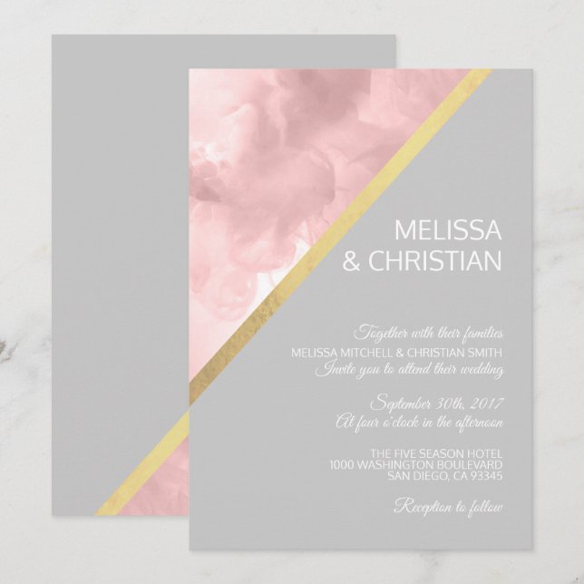 Watercolor Blush Pink & Grey Gold Foil Wedding Invitation (Front/Back)