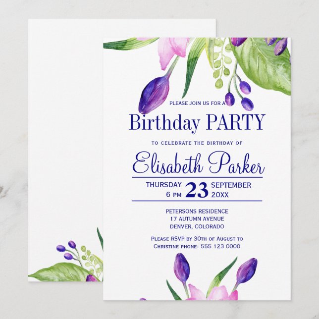 Watercolor blush pink navy floral birthday party invitation (Front/Back)