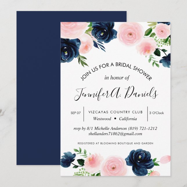 watercolor blush pink navy floral rose invitation (Front/Back)