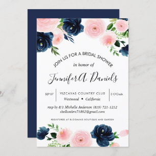 watercolor blush pink navy floral rose invitation