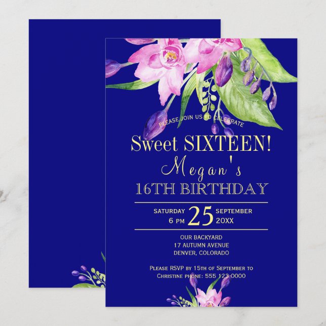 Watercolor blush pink navy floral sweet sixteen invitation (Front/Back)