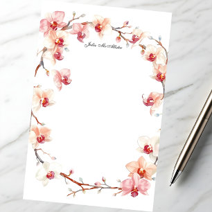 Watercolor Blush Pink Orchid Blossoms Wreath Stationery