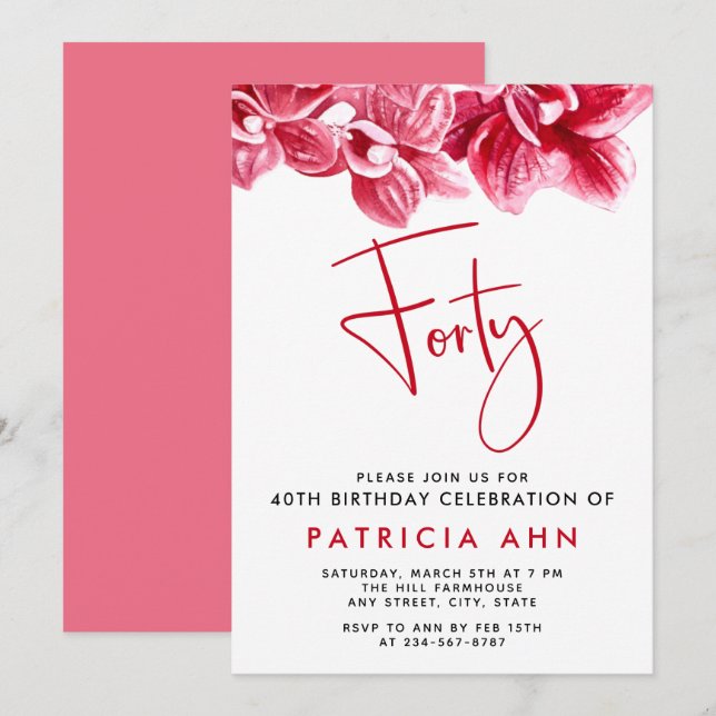 Watercolor Blush Pink Orchids 40th Birthday Invitation (Front/Back)