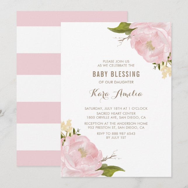 Watercolor Blush Pink Peonies Baby Girl Blessing Invitation (Front/Back)