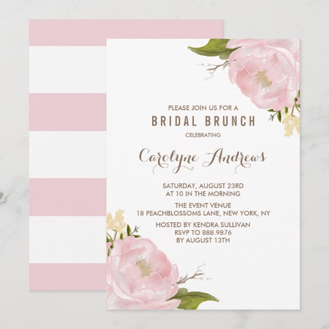 Watercolor Blush Pink Peonies Bridal Brunch Invitation (Front/Back)