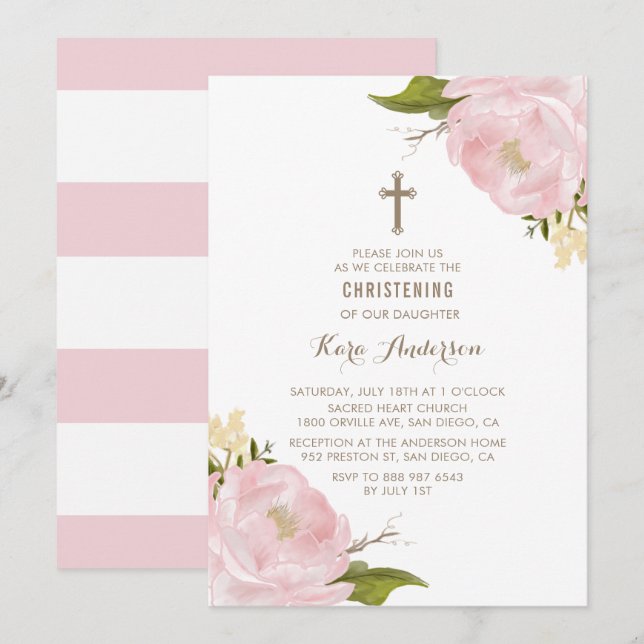 Watercolor Blush Pink Peonies Christening Invites (Front/Back)