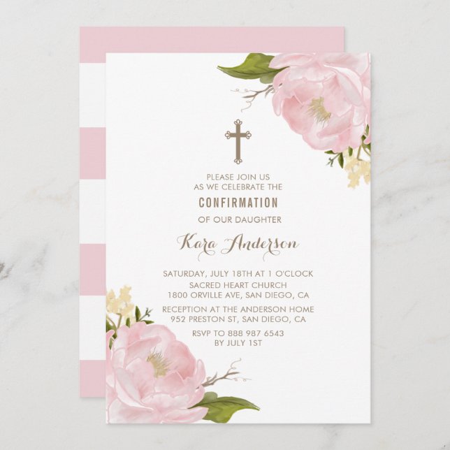 Watercolor Blush Pink Peonies Confirmation Invitation (Front/Back)