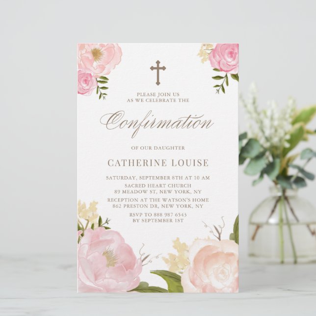 Watercolor Blush Pink Peonies Confirmation Invite (Standing Front)