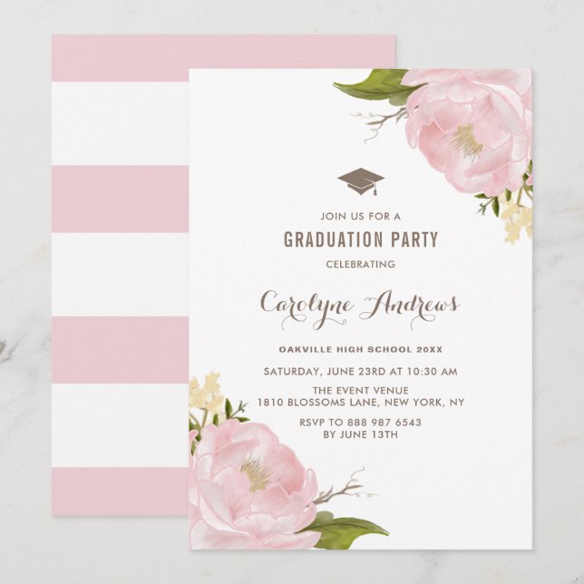 Watercolor Blush Pink Peonies Graduation Party Invitation (Front/Back)