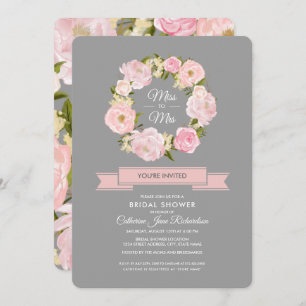 Watercolor Blush Pink Peonies Grey Bridal Shower  Invitation
