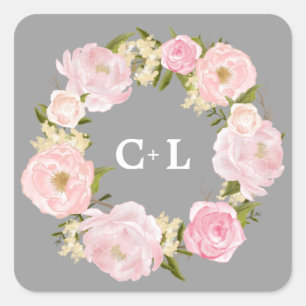 Watercolor Blush Pink Peonies Monogram Wedding Square Sticker