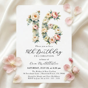 Watercolor Blush Pink Peonies Sweet 16 Birthday Invitation