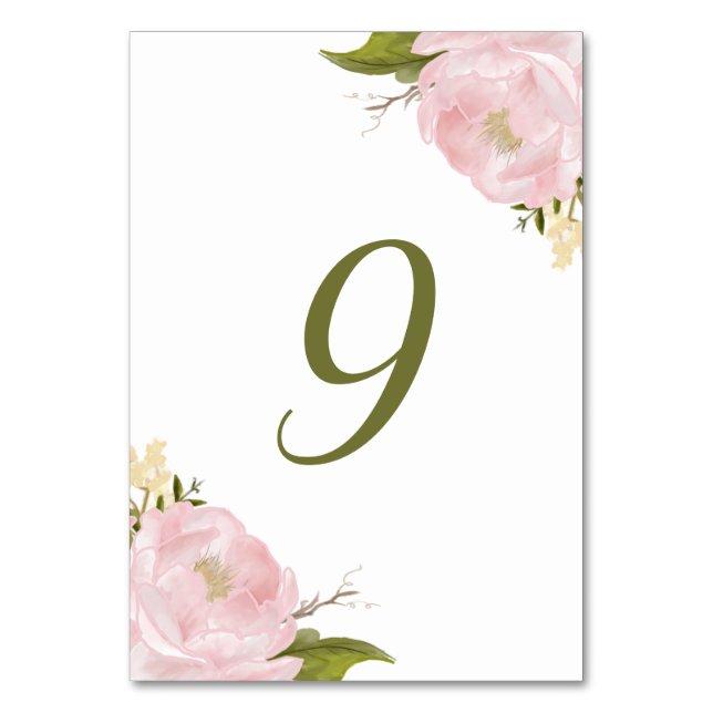 Watercolor Blush Pink Peonies Table Numbers Card (Front)
