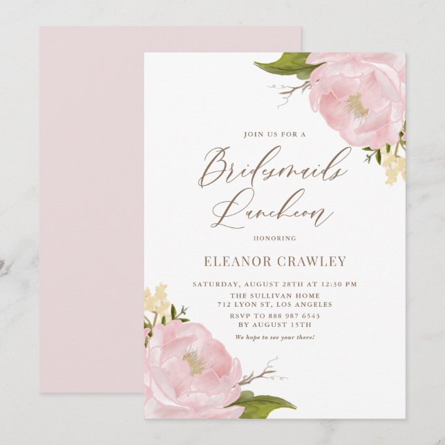 Watercolor Blush Pink Peony Bridesmaids Luncheon Invitation (Front/Back)