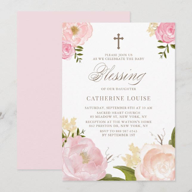 Watercolor Blush Pink Peony Floral Baby Blessing Invitation (Front/Back)