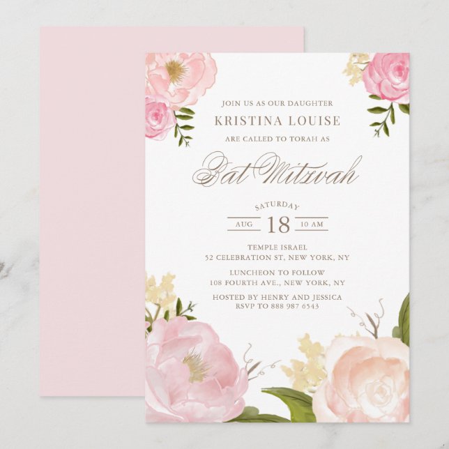 Watercolor Blush Pink Peony Floral Bat Mitzvah Invitation (Front/Back)