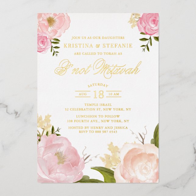 Watercolor Blush Pink Peony Floral B'not Mitzvah (Front)