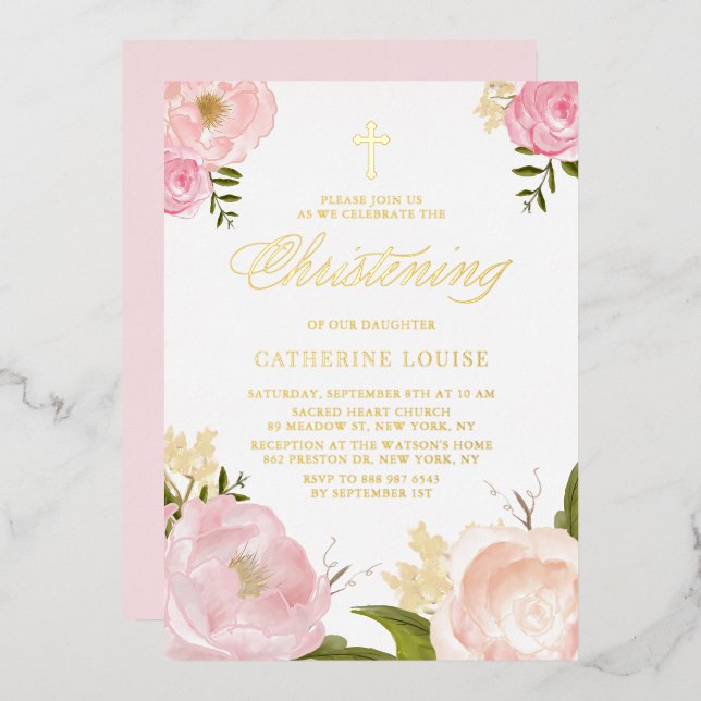 Watercolor Blush Pink Peony Floral Christening (Front/Back)