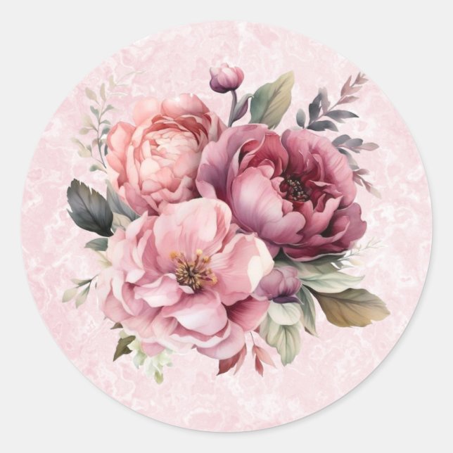 Watercolor Blush Pink Peony Marble Wedding Classic Round Sticker (Front)