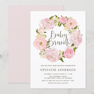 Watercolor Blush Pink Peony Wreath Baby Brunch Invitation