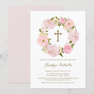 Watercolor Blush Pink Peony Wreath Baptism Invitation