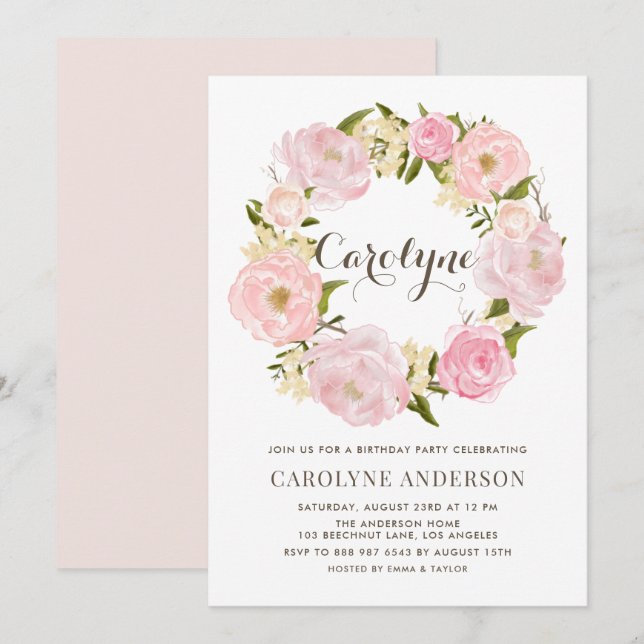 Watercolor Blush Pink Peony Wreath Birthday Party Invitation (Front/Back)