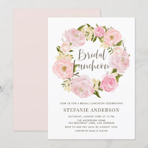 Watercolor Blush Pink Peony Wreath Bridal Luncheon Invitation