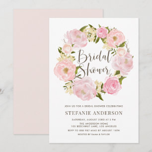 Watercolor Blush Pink Peony Wreath Bridal Shower Invitation