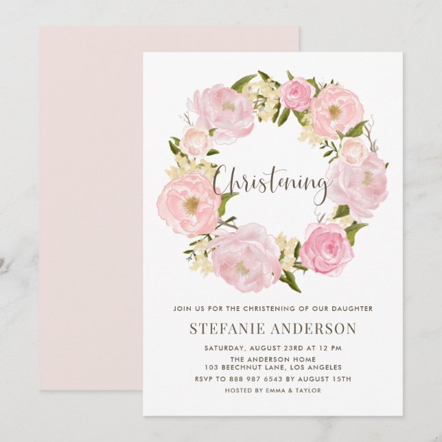 Watercolor Blush Pink Peony Wreath Christening Invitation (Front/Back)