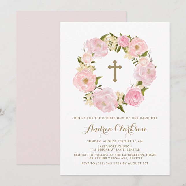 Watercolor Blush Pink Peony Wreath Christening Invitation (Front/Back)