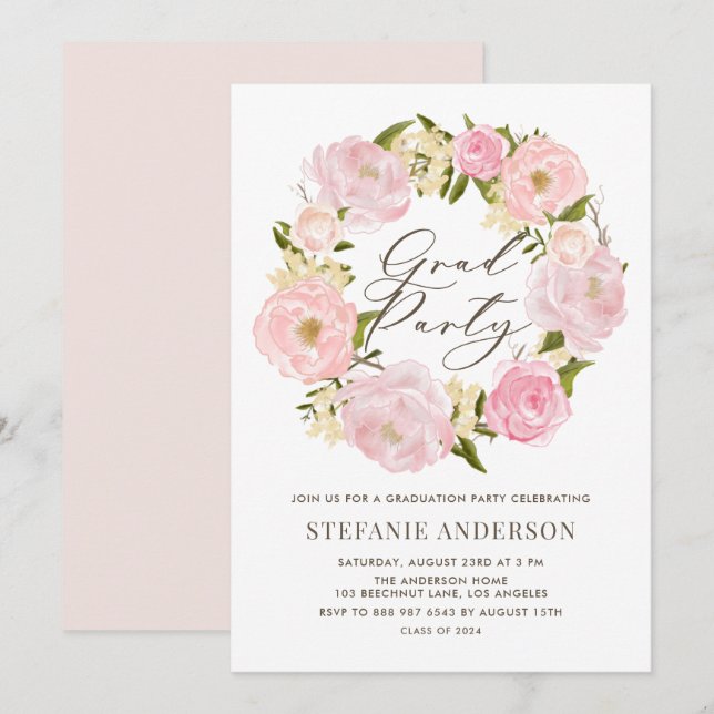 Watercolor Blush Pink Peony Wreath Graduation Invitation (Front/Back)