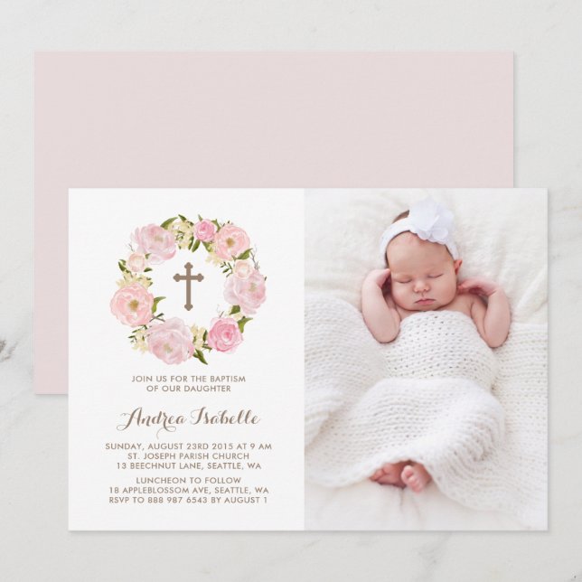 Watercolor Blush Pink Peony Wreath Photo Baptism Invitation (Front/Back)