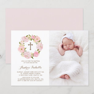 Watercolor Blush Pink Peony Wreath Photo Baptism Invitation