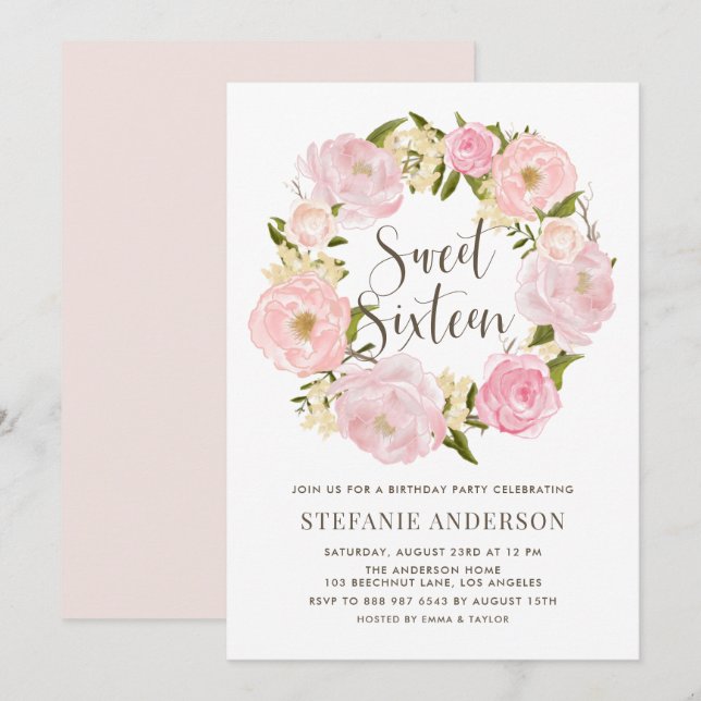 Watercolor Blush Pink Peony Wreath Sweet Sixteen Invitation (Front/Back)