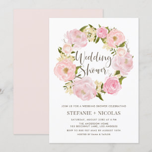 Watercolor Blush Pink Peony Wreath Wedding Shower Invitation
