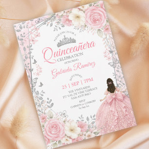Watercolor Blush Pink Quinceañera Silver  Invitation