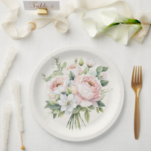 Watercolor Blush Pink Rose Bouquet Paper Plate
