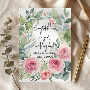 Watercolor Blush Pink Rose & Eucalyptus Wedding Card
