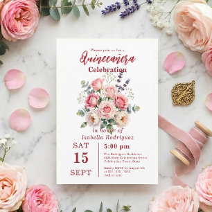 Watercolor Blush Pink Rose Floral Quinceañera Invitation