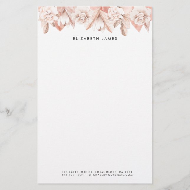 Watercolor Blush Pink Rose Flowers Personised Stationery (Front)