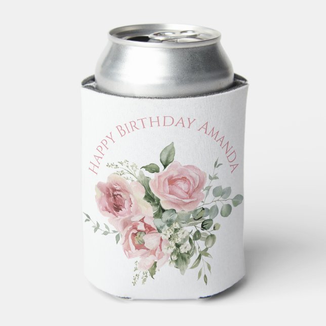 Watercolor Blush Pink Rose Pattern Can Cooler (Can Front)