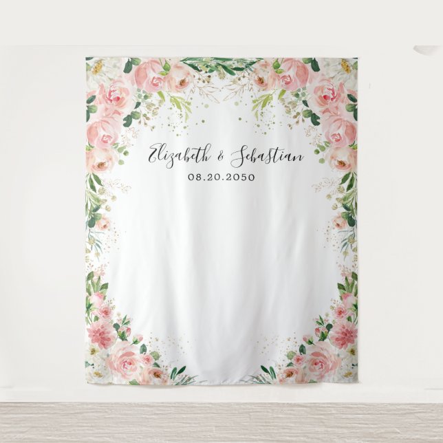 Watercolor Blush Pink Rose Wedding Backdrops Tapestry (Front)