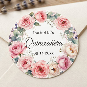 Watercolor Blush Pink Rose Wreath Quinceañera Classic Round Sticker