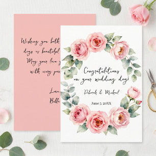 Watercolor Blush Pink Rose Wreath Wedding Congrats Card