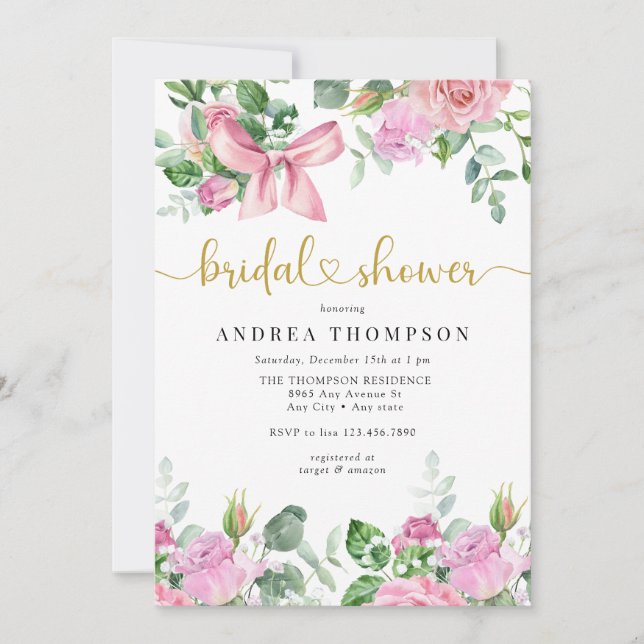 Watercolor Blush Pink Roses  Bridal Shower Invitation (Front)
